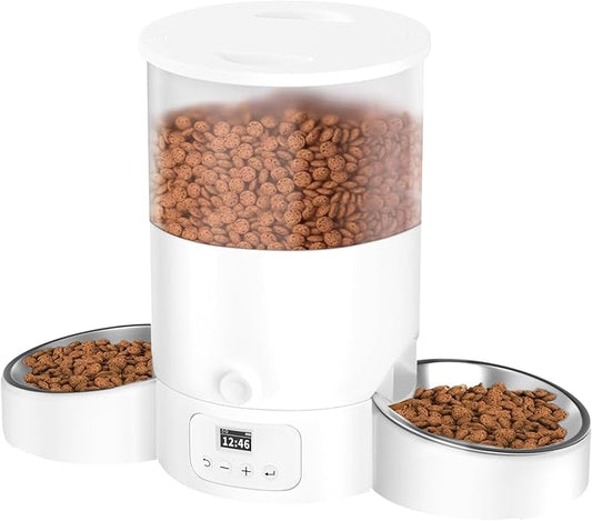 Automatic Cat Feeder for 2 Cats, 3L Cat Food Dispenser SURDY Auto Cat Feeder with 2 Stainless Bowls, 10s Meal Call Dual Power Supply and Timer Setting 12 Portions 6 Meals Per Day for Cats and Dogs
