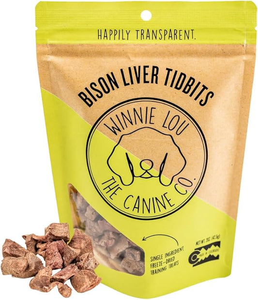 Winnie Lou Organic Dog Treats, Bison Liver Tidbits Jerky Human Grade Dog Treats for All Sized Breeds, All Natural Dog Treats with No-Added Sugar, Glycerin & Preservatives, Made in USA, 2.5 Oz (71g)