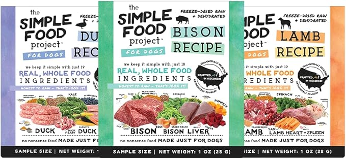 Simple Food Project The Freeze Dried Raw Dog Food Topper Featuring Organic Human Grade Ingredients [3 Pack Variety - 1oz Samples Bison, Duck and Lamb]