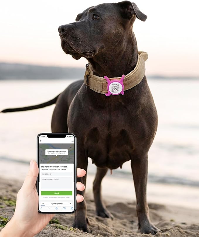 Joytale [ NO APP Required ] Silent Silicone QR Code Dog Tag, Slide On Dog Tags for 1.2-1.6Inch Wide Collars or Vest, NFC Pet Online Profile, Scan QR to Send Location Alert Email, Purple, L