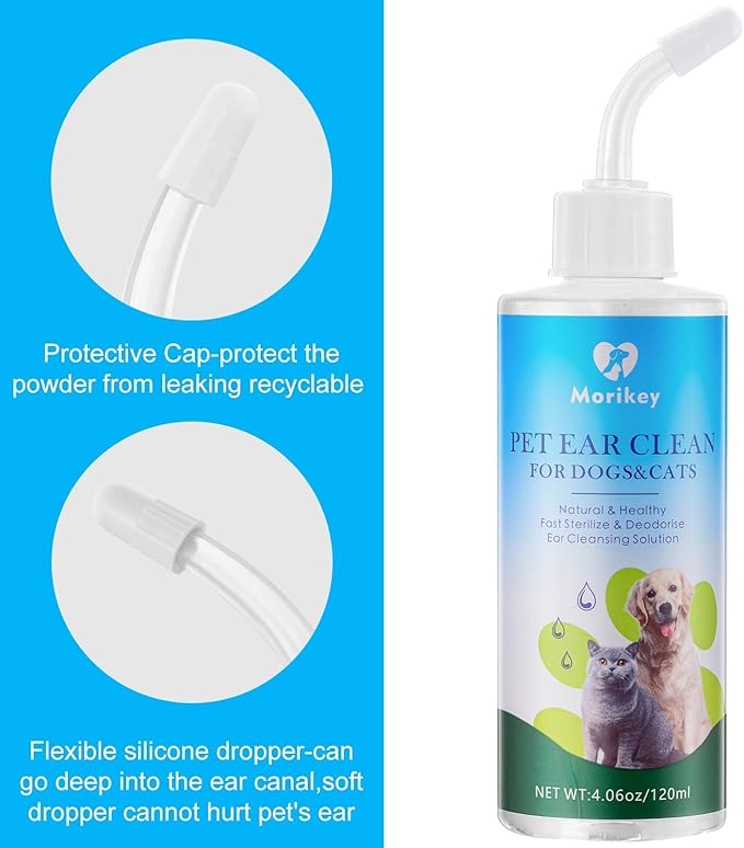 Pet Ear Cleaner Solution & Infection Treatment for Dogs & Cats, Natural Pet Cleanser Drops Helps Eliminate Odor Relieve Infections and Soothe Itchiness - 4.06oz/120ml