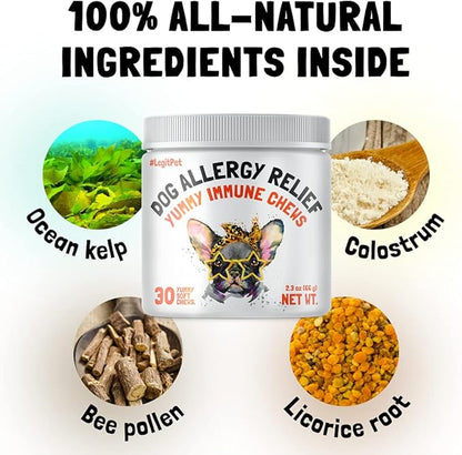 Allergy Relief Chews for Dogs & Immune & Digestive Supplement with Wild Salmon Oil Kelp Colostrum Turmeric Probiotics & Bee Pollen for Seasonal Allergies Anti Itch, Skin Hot Spots Soft Treats