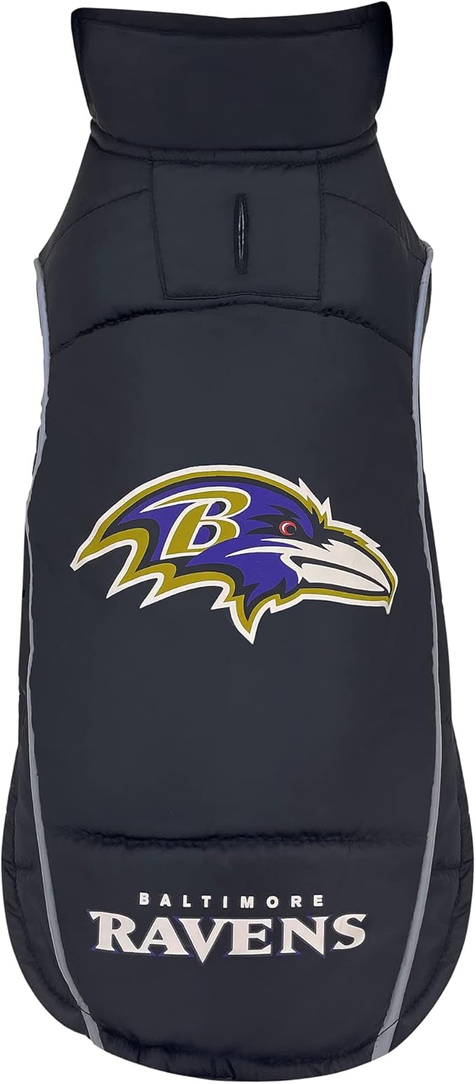 NFL Baltimore Ravens Puffer Vest for Dogs & Cats, Size Large. Warm, Cozy, and Waterproof Dog Coat, for Small and Large Dogs/Cats. Best NFL Licensed PET Warming Sports Jacket