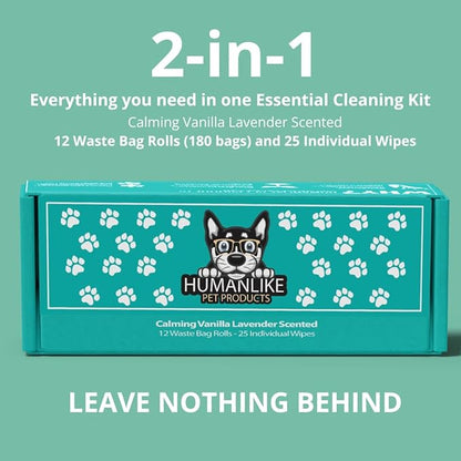 Vanilla Lavender Scent 180 Dog Poop Bags Rolls (12 rolls) & 25 Individual Pet Wipes - 2 in 1 Calming Cleaning Kit for Pet Owners, Cat Litter, Dog Leash, Pet Supplies, Puppy Pads.