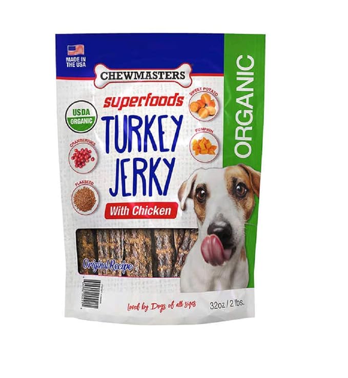 Chewmasters Organic Superfoods Turkey Jerky Dog Treats with Chicken, 2 Pound Bag, USDA Premium Organic Turkey, Made in The USA, by-Product Free, Real Meat Dog Treat, All Life Stages