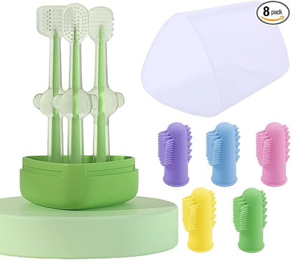 Dog Toothbrush Kit，8 Pcs Dog Cat Teeth Cleaning Finger Toothbrush for Dogs,3 Sided Pet Puppy Toothbrush and Finger Brush for Small Medium Large Dogs Cats Teeth,All in One Storage Case-Green