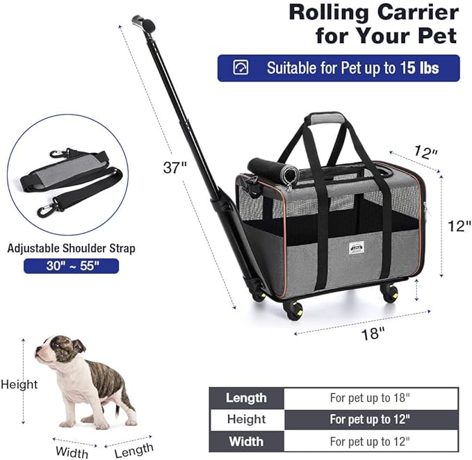 Lekesky Cat Dog Carrier with Wheels Airline Approved Rolling Pet Carrier with Telescopic Handle and Shoulder Strap, Grey