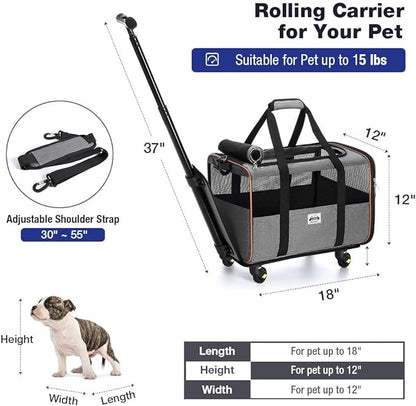 Lekesky Cat Dog Carrier with Wheels Airline Approved Rolling Pet Carrier with Telescopic Handle and Shoulder Strap, Grey