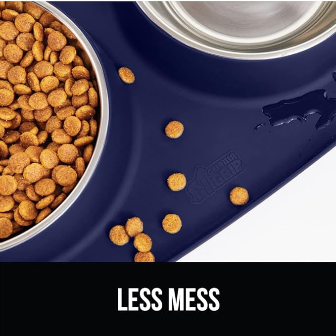 Gorilla Grip 100% Waterproof BPA Free Cat and Dog Bowls Silicone Feeding Mat Set, Stainless Steel Bowl Slip Resistant Raised Edges, Catch Water, Food Mess, No Spills, Pet Accessories, 1 Cup, Navy