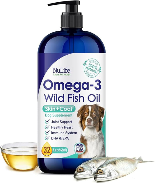 Liquid Fish Oil for Dogs with Omega 3, 6 & 9 Fatty Acids, Wild Caught from Iceland, Skin and Coat Supplement for Shedding, Itchy Skin, Allergies, Brain and Heart Health, Rich in EPA + DHA - 32 oz