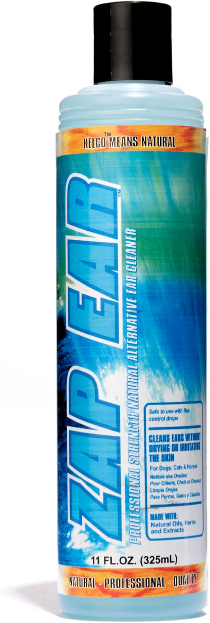 Laube Kelco Pet Ear Cleaner - Zap Ear Cleaning Solution for Dogs, Cats, Horses, and Pets - Anti-Itch Ear Wash and Debris Remover - Natural, pH Balanced, Biodegradable Vitamin E Formula (11 fl oz)