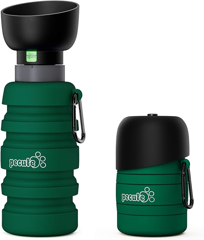 Pecute Dog Water Bottle Portable, 29oz Dog Foldable Water Bottle with Folding Bowl & Clip, 100% Food Grade Silicone, 5 Levels Capacity, Dog Water Bottle for Outdoor Walking, Hiking, Travel(Green)