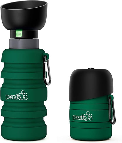 Pecute Dog Water Bottle Portable, 29oz Dog Foldable Water Bottle with Folding Bowl & Clip, 100% Food Grade Silicone, 5 Levels Capacity, Dog Water Bottle for Outdoor Walking, Hiking, Travel(Green)