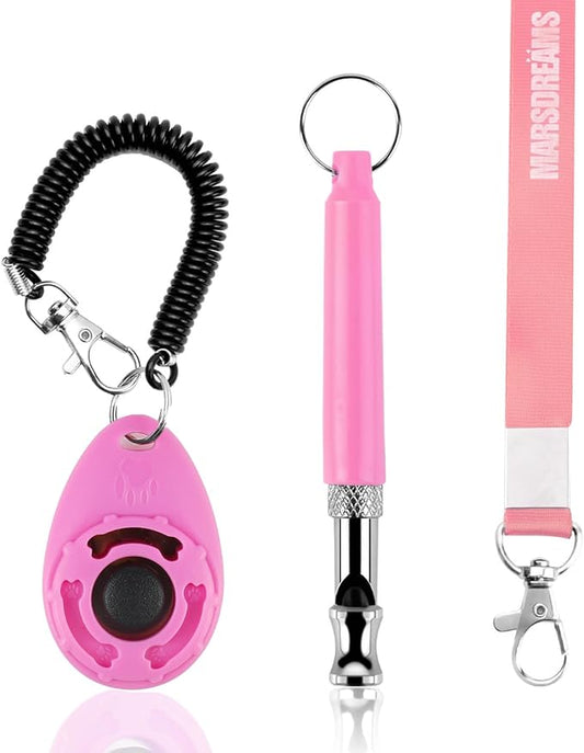 Pet Training Clicker, Whistle -Training Behaviour Aids Accessories for Puppies with Lanyard - Barking Control Device - Long Range Adjustable Frequency - Pack of 3 - Pink