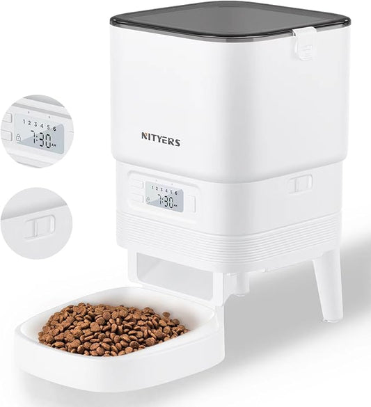 Automatic Cat Feeder -Timed Feeder for Dry Food, Easy Control to Programmable, Pet Feeder with Battery/Power Supply, Cat Food Dispenser, 1-6 Meals Per Day, Non-slip bottom, Lid with locked
