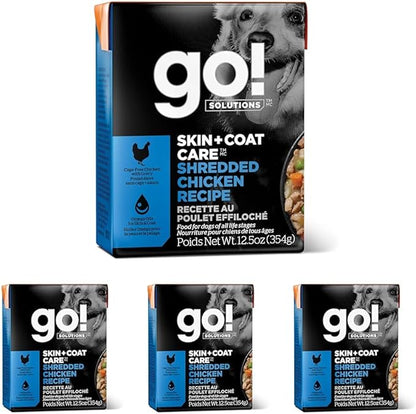 GO! SOLUTIONS Skin + Coat Care Wet Dog Food - Shredded Chicken Recipe with Grains - Complete & Balanced Nutrition for All Life Stages, 12.5 oz (Pack of 4)