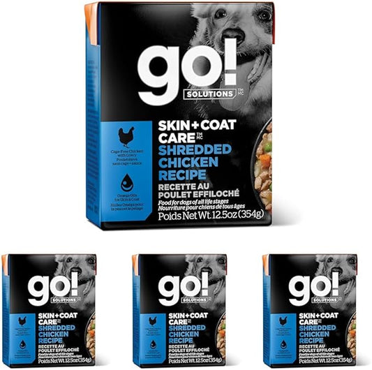 GO! SOLUTIONS Skin + Coat Care Wet Dog Food - Shredded Chicken Recipe with Grains - Complete & Balanced Nutrition for All Life Stages, 12.5 oz (Pack of 4)
