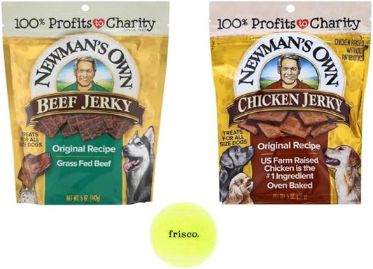 Newman's Own Dog Jerky Treats, 2 Variety Bundle: (1) Beef Recipe (1) Chicken Recipe, 5 Oz Each - Plus Squeaky Tennis Ball Dog Toy (3 Items Total)
