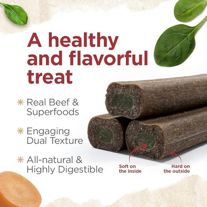 Natural Farm Natbones Superfood, All Natural Beef Flavor Dog Treats (12 Pack) - Chewy Beef Protein Treat Carrots, Green Peas, Spinach & Flaxseed, Natural Soup Bone, Engaging Dual Texture
