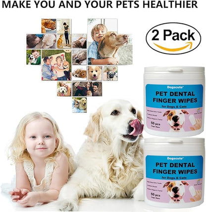 Dog Teeth Cleaning Wipes - 2 Pack | 100 Count, Dental Wipes for Dog Teeth, Pet tooth brushing kit Finger Wipes for Dogs & Cats - Reduces Plaque & Freshens Breath