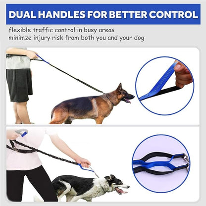 Hands Free Dog Leash for Running Walking Training Hiking, Dual-Handle Reflective Bungee, Poop Bag Dispenser Pouch, Adjustable Waist Belt, Shock Absorbing, Ideal for Medium to Large Dogs (Black W Blue)