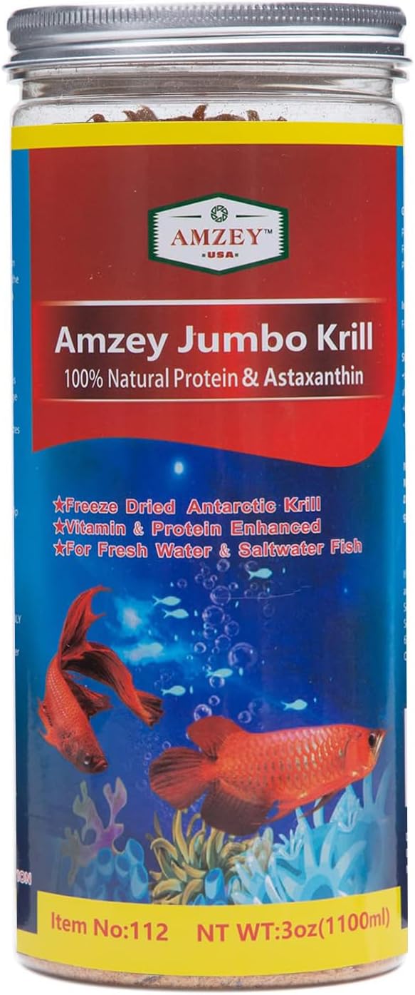 Amzey Freeze Jumbo Krill 3 oz, Dired Jumbo Shrimp Provide Essential Omega-3, Vitamin Enhancement. Super Food for Pets, Cat Food, Dog Food, Fresh and Salt Water Fish