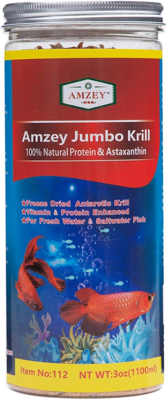 Amzey Freeze Jumbo Krill 3 oz, Dired Jumbo Shrimp Provide Essential Omega-3, Vitamin Enhancement. Super Food for Pets, Cat Food, Dog Food, Fresh and Salt Water Fish