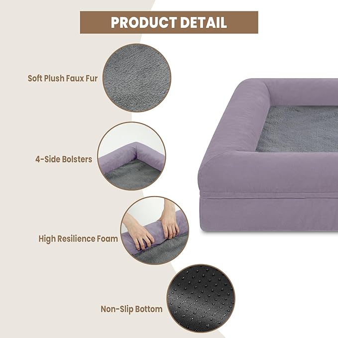 Large Dog Bed, Purple Orthopedic Dog Bed, Washable Dog Bed with [Removable Bolster], Waterproof Dog Bed with Nonskid Bottom, Pet Bed, Dog Beds for Large Dogs