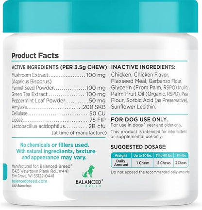 Balanced Breed Dog Probiotics Digestive Health Odor Control Made In USA Non-GMO Vet-Pharmacist Approved Dog Probiotic Chews Anti-diarrhea Dog Gut Health Pet Probiotics Dogs Itchy Skin Yeast Supplement