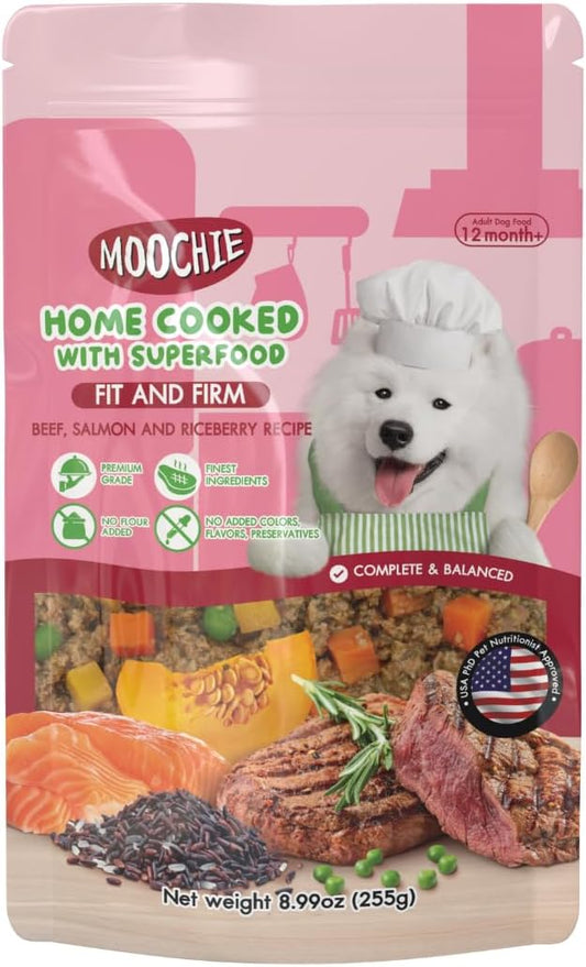 MOOCHIE Home Cooked Superfood Natural Wet Dog Food Recipe - Fit & Firm - Made with Beef, Salmon, and Riceberry - No Added Preservatives or Artificial Flavoring - 9 oz x 6 Pouches