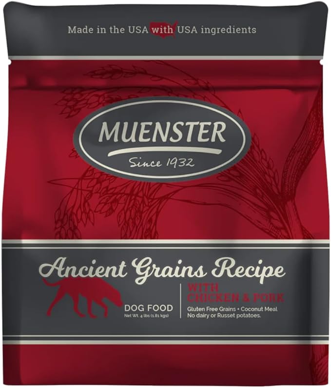 Muenster Ancient Grains Dog Food (4lb) - Chicken & Pork Flavored Dry Dog Food for Large Dogs - Gluten Free, Non-GMO High Protein Dog Food - Healthy Digestive Large Breed Dog Kibble