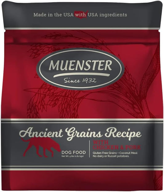 Muenster Ancient Grains Dog Food (4lb) - Chicken & Pork Flavored Dry Dog Food for Large Dogs - Gluten Free, Non-GMO High Protein Dog Food - Healthy Digestive Large Breed Dog Kibble