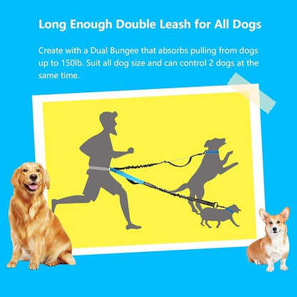 Hands Free Dog Running Leash with Adjustable Waist Belt, Dual Handle Elastic Bungees Retractable Rope for Medium and Large Dogs, Reflective Stitches for Walking Hiking Biking