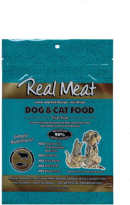 Real Meat Air Dried Cat Food & Dog Food w/ Real Lamb & Fish - 5oz of USA-Crafted Grain-Free Dry Dog & Cat Food Sourced from Free-Range Lamb & Ocean-Caught Fish - All Natural, High Protein Pet Food