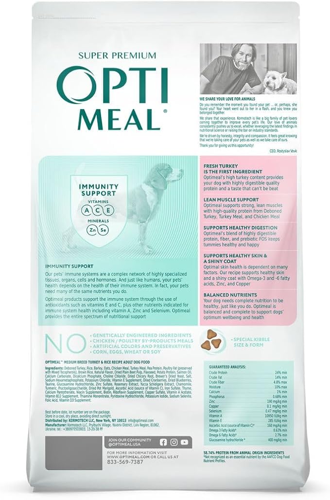 OPtimeal Dry Dog Food for Medium Dogs - Proudly Ukrainian - Dog Food Dry Recipe with High-Protein to Support Healthy Digestion for Medium Breeds (8.8 lbs, Turkey & Rice)