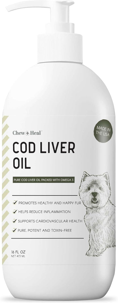 Pure Cod Liver Oil for Dogs - 16 oz - Contains Omega 3, Omega 6, Vitamin A, and Vitamin D to Reduce Itching and Promote Skin and Coat, Heart, Joint, and Immune Health - Pump Cap Bottle