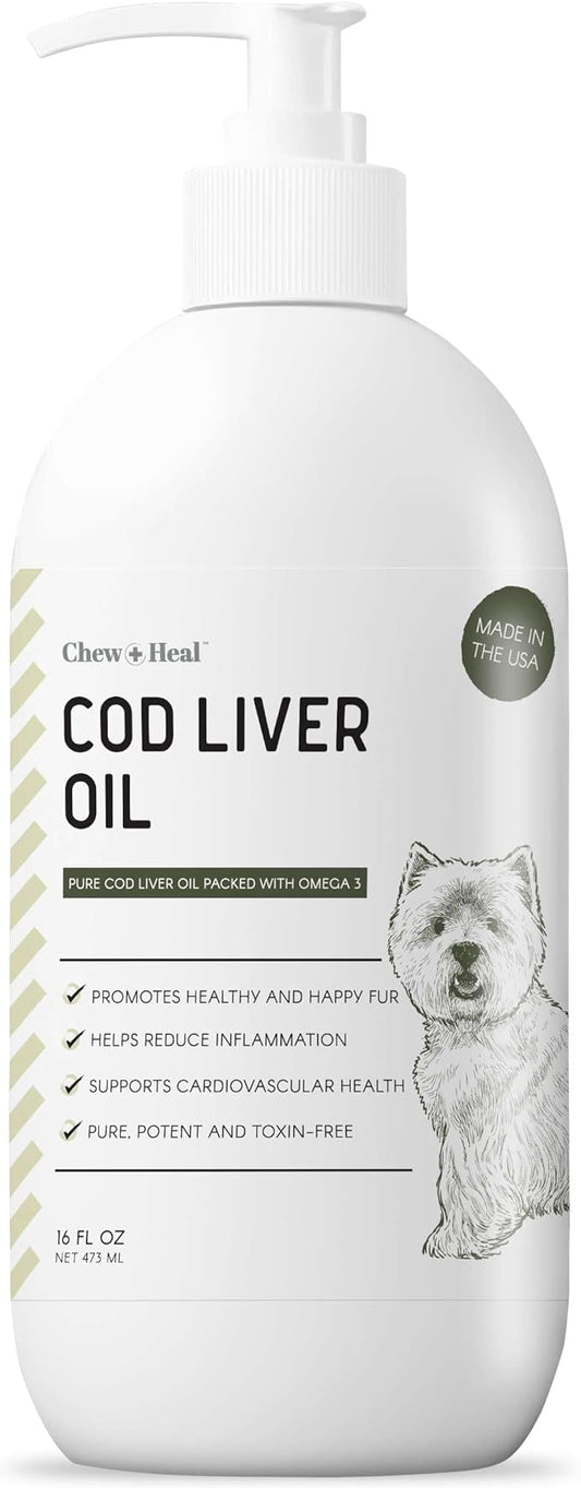 Pure Cod Liver Oil for Dogs - 16 oz - Contains Omega 3, Omega 6, Vitamin A, and Vitamin D to Reduce Itching and Promote Skin and Coat, Heart, Joint, and Immune Health - Pump Cap Bottle