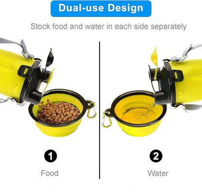 Dog Travel Water Bottle Collapsible Bowls, 2 in 1 Pet Food Container with Collapse Bowls, Outdoor Portable Water Bowls for Walking, Traveling, Camping and Hiking (Yellow)