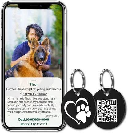 MYLUCKYTAG Stainless Steel QR Code Pet ID Tags Dog Tags - Pet Online Profile - Scan QR Receive Instant Pet Location Alert Email