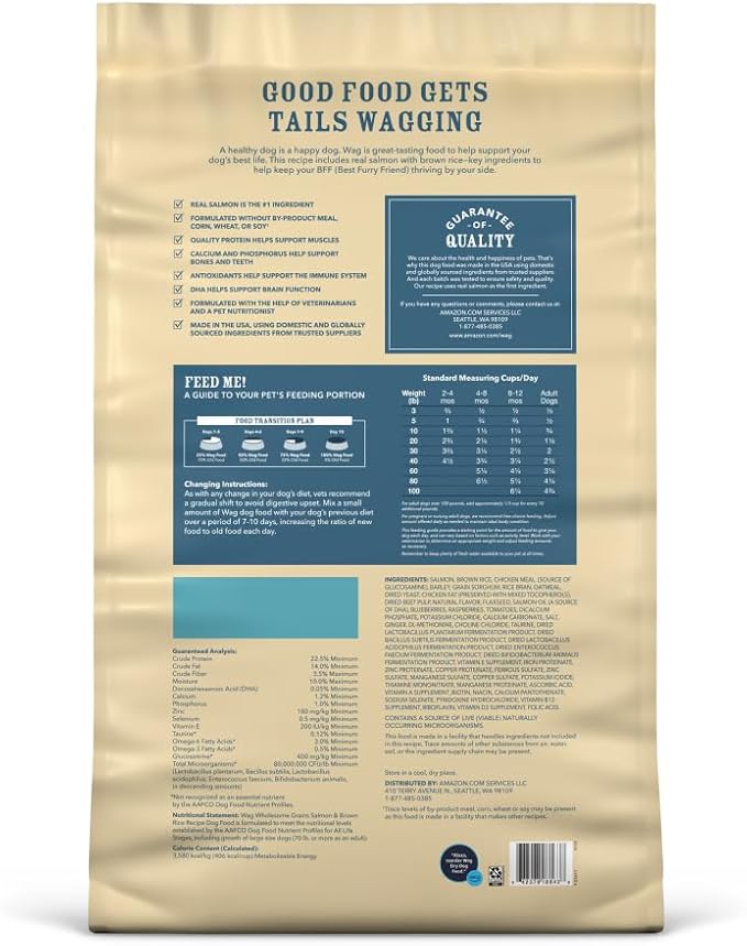Amazon Brand – Wag Dry Dog Food, Salmon and Brown Rice, 30 lb Bag (Pack of 1)