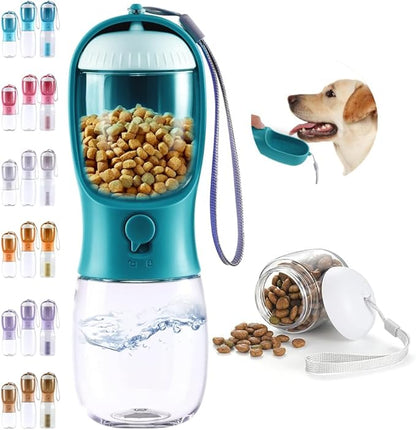 Dog Water Bottle 2 in 1, Leak Proof Portable Pet Water Bottle with Food Container, Outdoor Portable Water Dispenser for Cat, Puppy Supply for Walking, Hiking, Camping, Travel(10oz Indigo)