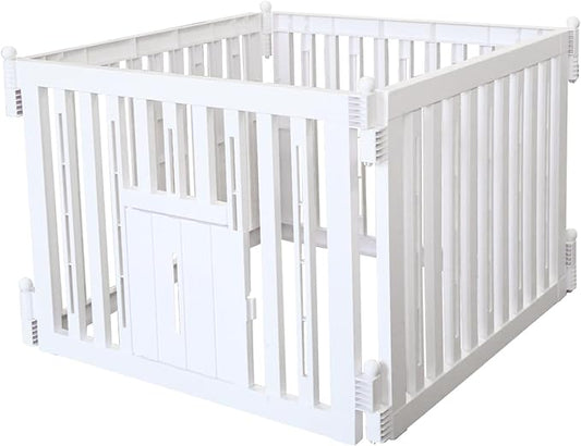 RIZZARI Foldable Plastic Dog Playpen, 4 Panels Pet Fence with Doors for Small Cats and Dogs, Portable Pet Barrier for Indoor and Outdoor, Easy to Assemble (White with Door)