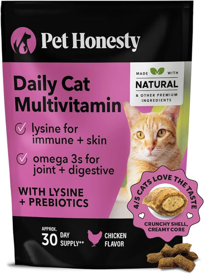 Pet Honesty Cat Multivitamin Chews - Cat Treats for Health + Immune, Cat Joint Support, Skin & Coat, and Digestion | Omega 3s, Lysine for Cats, Cat Probiotic, Cat Vitamins - Chicken (30-Day Supply)