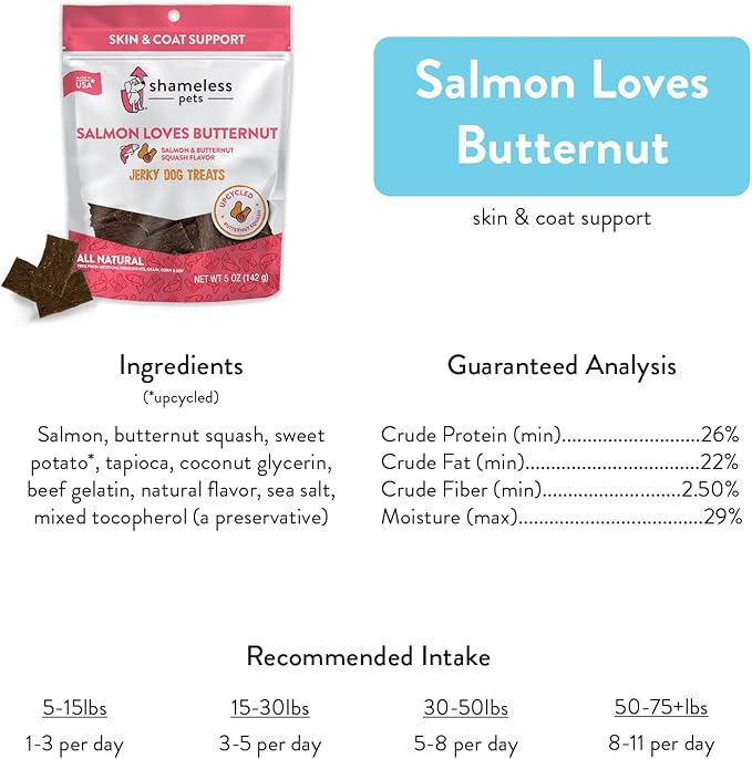 Shameless Pets Dog Jerky Treats - Salmon Jerky for Dogs Made with Upcycled Ingredients & Zero Artificial Flavors, Supports Healthy Skin & Coat - Salmon Says Butternut, Pack of 2