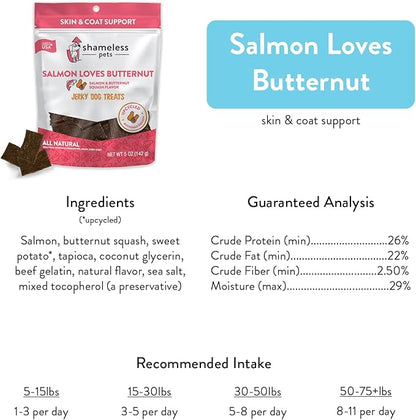 Shameless Pets Dog Jerky Treats - Salmon Jerky for Dogs Made with Upcycled Ingredients & Zero Artificial Flavors, Supports Healthy Skin & Coat - Salmon Says Butternut, Pack of 2