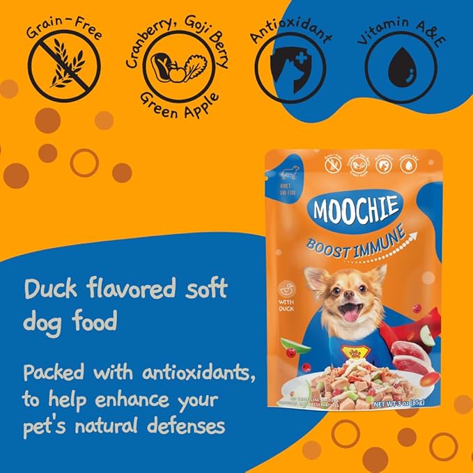 MOOCHIE Wet Dog Food - Superfood Selection of Soft Dog Food - Duck, Salmon & Chicken Liver Flavors - No Added Preservatives or Artifical Flavoring -12 x 2.5 oz Pouch
