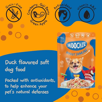 MOOCHIE Wet Dog Food - Superfood Selection of Soft Dog Food - Duck, Salmon & Chicken Liver Flavors - No Added Preservatives or Artifical Flavoring -12 x 2.5 oz Pouch