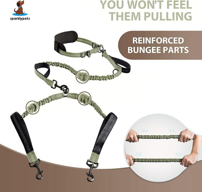 SparklyPets Hands Free Double Dog Leash – Dual Dog Leash for Medium and Large Dogs – Dog Leash for 2 Dogs with Padded Handles, Reflective Stitches, No Pull, Tangle Free (Green Range, for 2 Dogs)