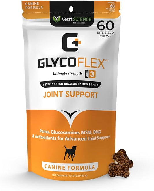 VetriScience Glycoflex 3 Clinically Proven Hip and Joint Supplement for Dogs - Maximum Strength Dog Supplement with Glucosamine, MSM, Green Lipped Mussel & DMG - 60 Chews, Chicken Flavor