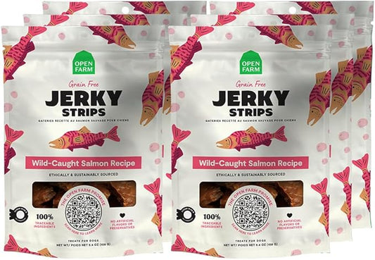 Open Farm Dehydrated Grain-Free Dog Treats, Gently Cooked Recipe with Natural Simple Ingredients and No Artificial Flavors or Preservatives (6 Pack Salmon Jerky)